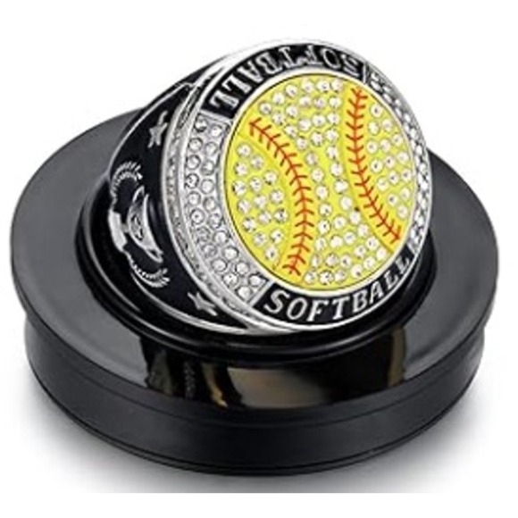Jewelry - Softball Championship Style Ring Silver Tone Rhinestone with Chain and Stand
